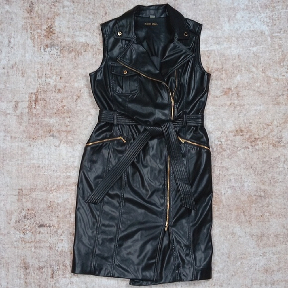 Calvin Klein Black Faux Leather Moto Midi Dress